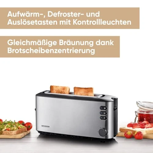 SEVERIN Automatik-Langschlitztoaster, Automatik-Toaster mit Brötchenaufsatz, aus Edelstahl, zum Toasten, Auftauen und Erwärmen, 1.000 W, Edelstahl-gebürstet/schwarz, AT 2515
