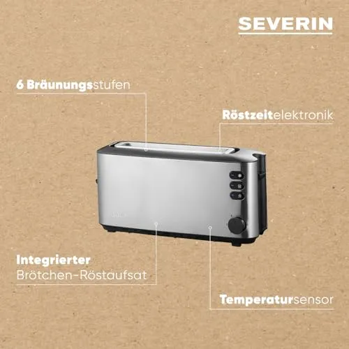 SEVERIN Automatik-Langschlitztoaster, Automatik-Toaster mit Brötchenaufsatz, aus Edelstahl, zum Toasten, Auftauen und Erwärmen, 1.000 W, Edelstahl-gebürstet/schwarz, AT 2515