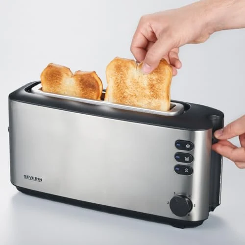SEVERIN Automatik-Langschlitztoaster, Automatik-Toaster mit Brötchenaufsatz, aus Edelstahl, zum Toasten, Auftauen und Erwärmen, 1.000 W, Edelstahl-gebürstet/schwarz, AT 2515