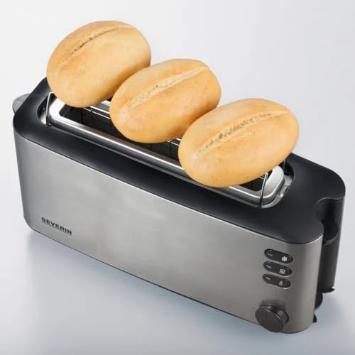 SEVERIN Automatik-Langschlitztoaster, Automatik-Toaster mit Brötchenaufsatz, aus Edelstahl, zum Toasten, Auftauen und Erwärmen, 1.000 W, Edelstahl-gebürstet/schwarz, AT 2515