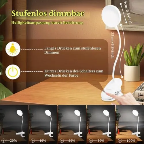 KEWUZY Leselampe Bett,20 LED Klemmlampe mit 3 Farbtemperatur Modi Stufenlose Helligkeit,360° Flexibel Leselampe Augenschutz Klemmleuchte,Nachttischlampe Kinder