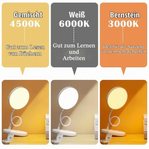 KEWUZY Leselampe Bett,20 LED Klemmlampe mit 3 Farbtemperatur Modi Stufenlose Helligkeit,360° Flexibel Leselampe Augenschutz Klemmleuchte,Nachttischlampe Kinder