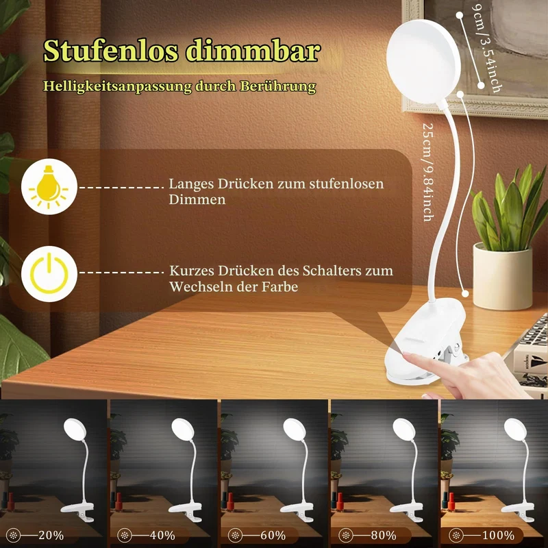 KEWUZY Leselampe Bett,20 LED Klemmlampe mit 3 Farbtemperatur Modi Stufenlose Helligkeit,360° Flexibel Leselampe Augenschutz Klemmleuchte,Nachttischlampe Kinder