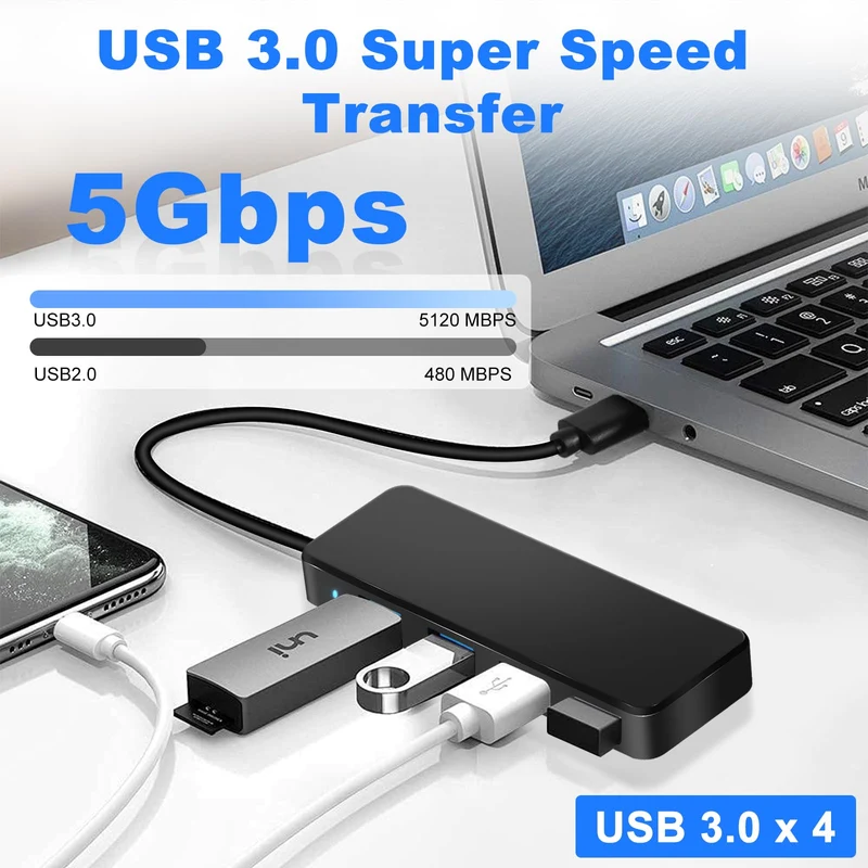 USB Hub 3.0, 4-Port USB Verteiler, Ultra Slim 5Gbps USB Mehrfachstecker, USB-Hubs Splitter für MacBook Pro/Air, iMac, Surface Pro, XPS, PC, Stick, Maus, Drucker, Tastatur, Dell, HDD und Mehr