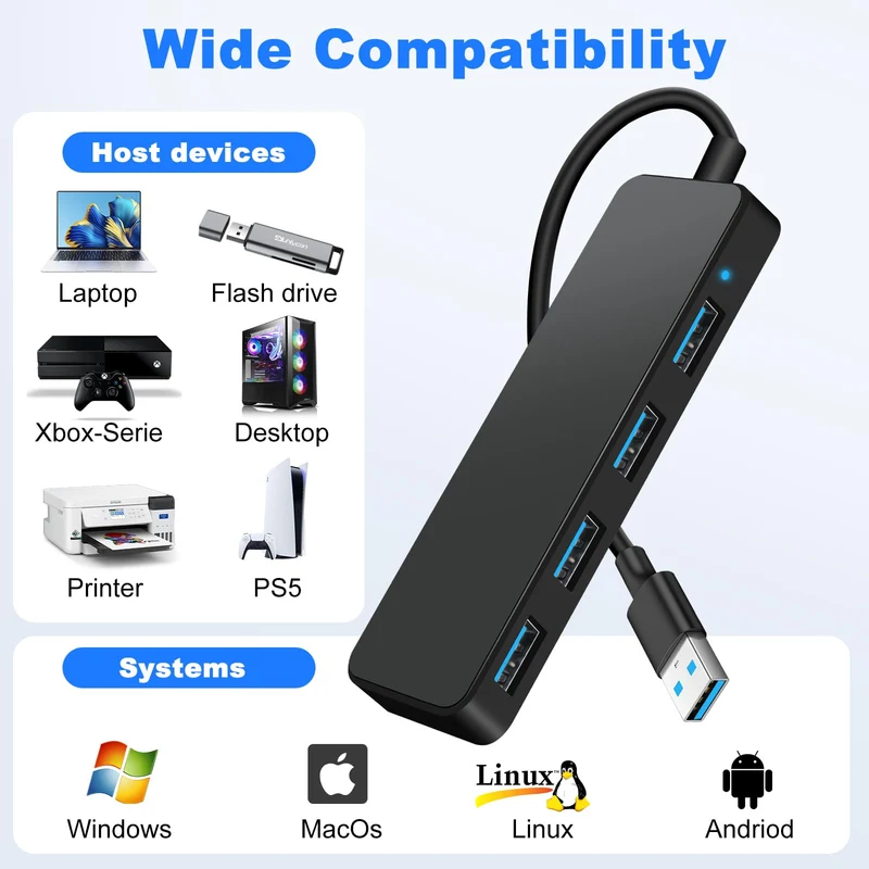 USB Hub 3.0, 4-Port USB Verteiler, Ultra Slim 5Gbps USB Mehrfachstecker, USB-Hubs Splitter für MacBook Pro/Air, iMac, Surface Pro, XPS, PC, Stick, Maus, Drucker, Tastatur, Dell, HDD und Mehr
