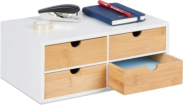 Relaxdays Schreibtisch Organizer, 4 Schubladen, für Büroutensilien, HxBxT: 14 x 33 x 21 cm, Bambus & MDF, weiß/Natur