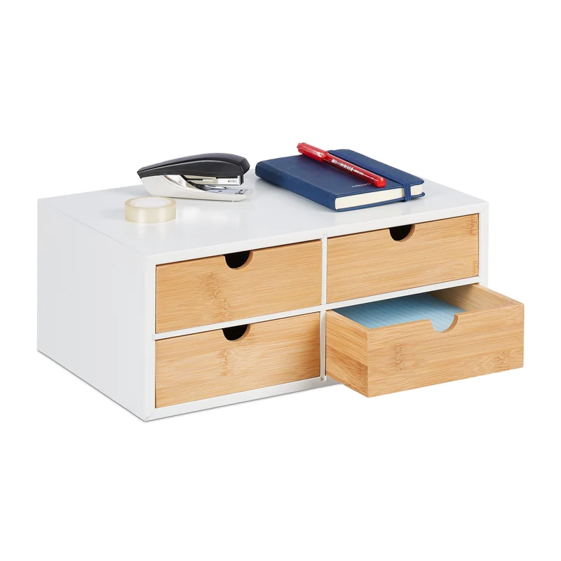 Relaxdays Schreibtisch Organizer, 4 Schubladen, für Büroutensilien, HxBxT: 14 x 33 x 21 cm, Bambus & MDF, weiß/Natur