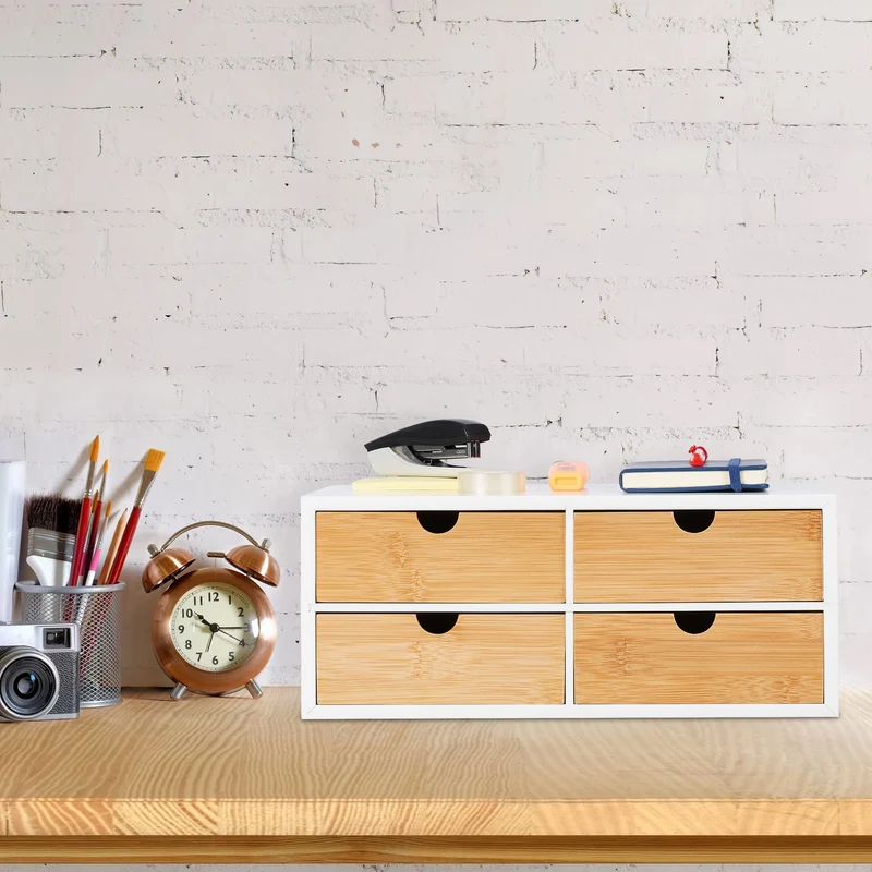 Relaxdays Schreibtisch Organizer, 4 Schubladen, für Büroutensilien, HxBxT: 14 x 33 x 21 cm, Bambus & MDF, weiß/Natur