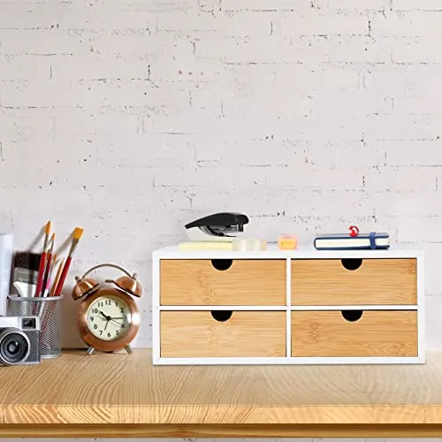 Relaxdays Schreibtisch Organizer, 4 Schubladen, für Büroutensilien, HxBxT: 14 x 33 x 21 cm, Bambus & MDF, weiß/Natur