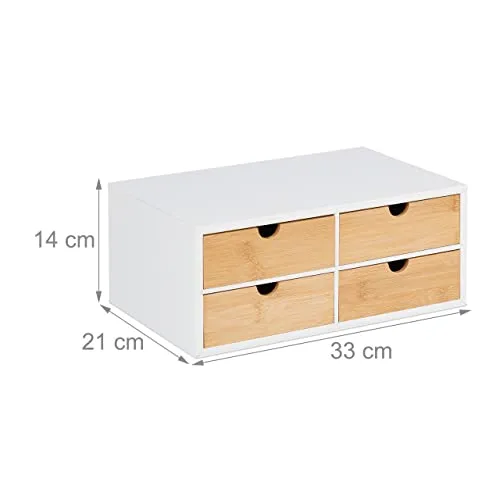Relaxdays Schreibtisch Organizer, 4 Schubladen, für Büroutensilien, HxBxT: 14 x 33 x 21 cm, Bambus & MDF, weiß/Natur