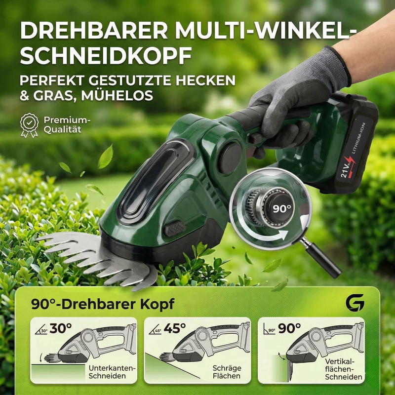 Akku Gras und Strauchschere, 2 in 1 Gartenschneider, 6000 mAh, 390 W, Gelb