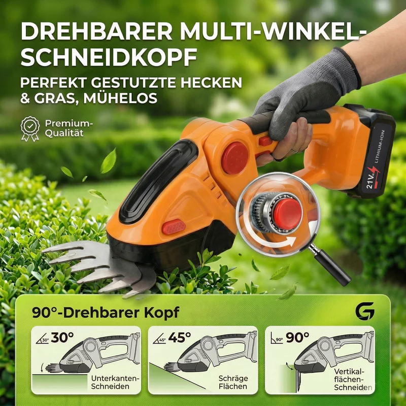 Akku Gras und Strauchschere, 2 in 1 Gartenschneider, 6000 mAh, 390 W, Gelb