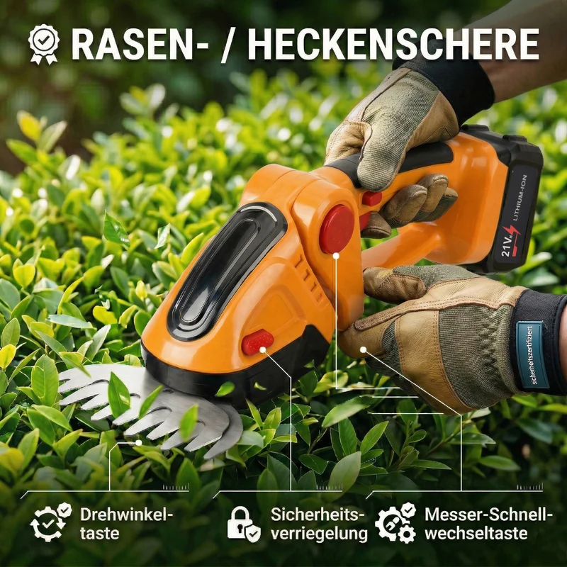 Akku Gras und Strauchschere, 2 in 1 Gartenschneider, 6000 mAh, 390 W, Gelb
