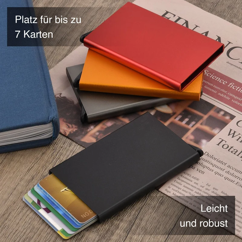 4er Set - Stilvollen RFID-blockierenden Kartenhaltern - Pop-Up Mechanismus, kompakt, Größe 9.5x9x6 cm