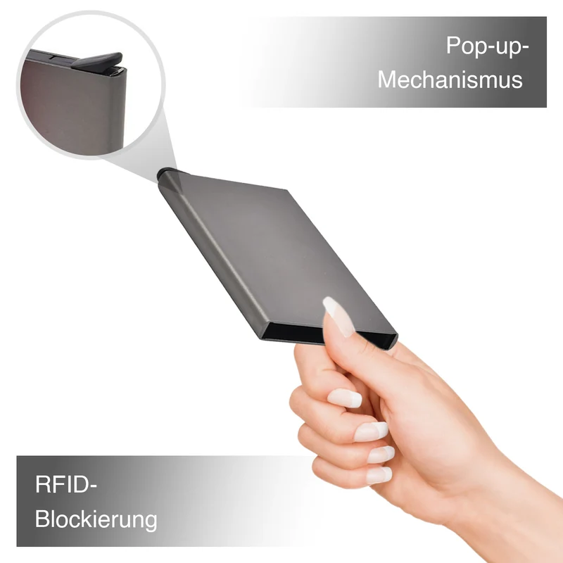 4er Set - Stilvollen RFID-blockierenden Kartenhaltern - Pop-Up Mechanismus, kompakt, Größe 9.5x9x6 cm