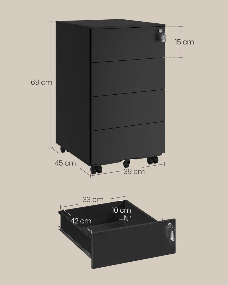 SONGMICS Rollcontainer, Metallschrank, 4 Schubladen, abschließbar