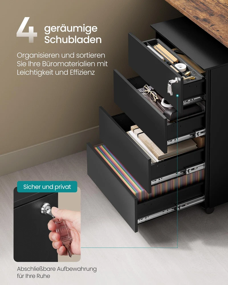 SONGMICS Rollcontainer, Metallschrank, 4 Schubladen, abschließbar