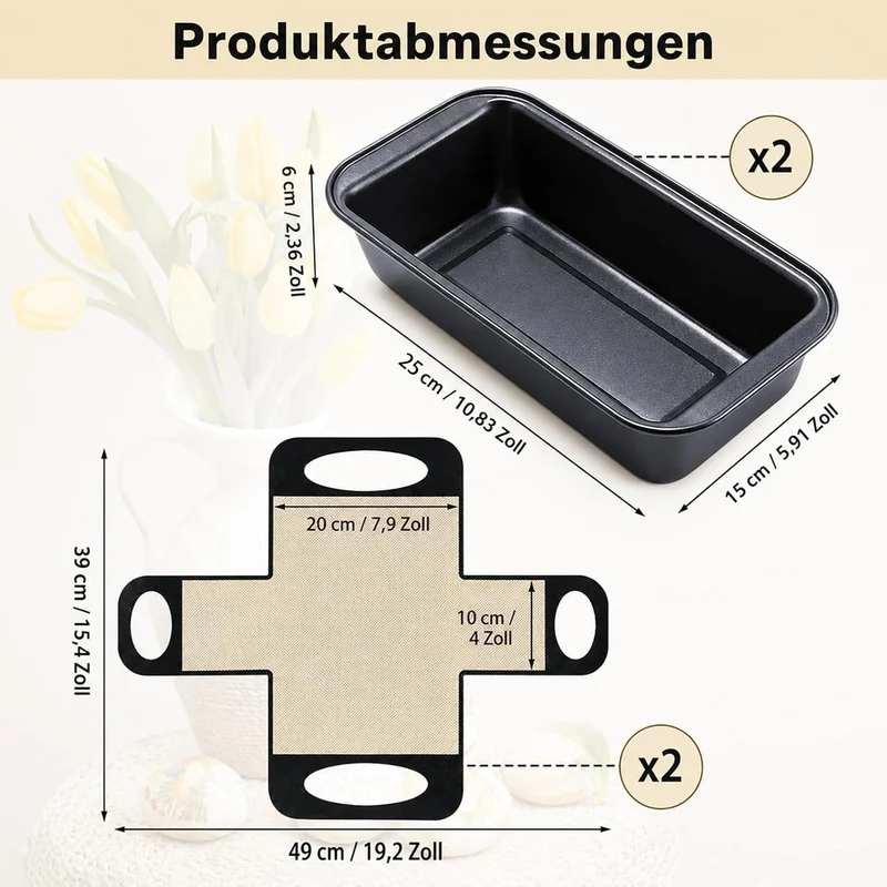 Kastenform für Brot, 2er Set, 25 x 15 x 6 cm, Karbonstahl, 2 Backmatten