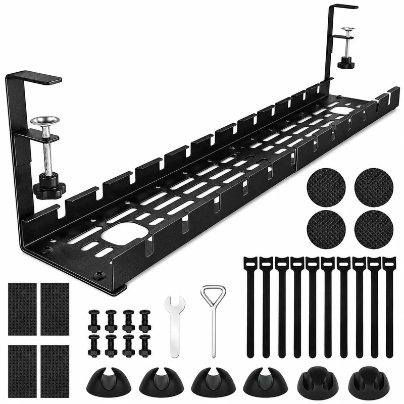 Kabelkanal Schreibtisch Ohne Bohren, Einziehbar 40–79CM Kabelmanagement Schreibtisch mit 15 Kabelbindern & 5 Haken, Verstellbare Kabelwanne Untertisch Klemmbar für Büro Homeoffice