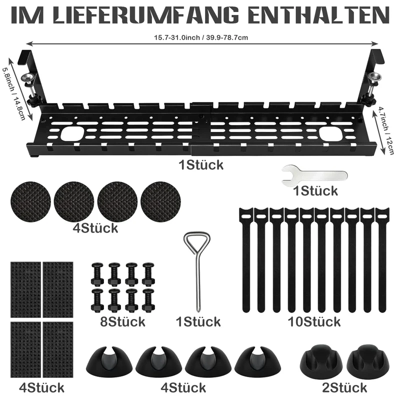 Kabelkanal Schreibtisch Ohne Bohren, Einziehbar 40–79CM Kabelmanagement Schreibtisch mit 15 Kabelbindern & 5 Haken, Verstellbare Kabelwanne Untertisch Klemmbar für Büro Homeoffice