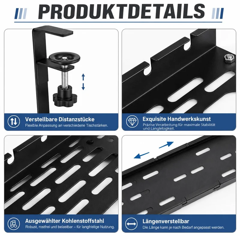 Kabelkanal Schreibtisch Ohne Bohren, Einziehbar 40–79CM Kabelmanagement Schreibtisch mit 15 Kabelbindern & 5 Haken, Verstellbare Kabelwanne Untertisch Klemmbar für Büro Homeoffice