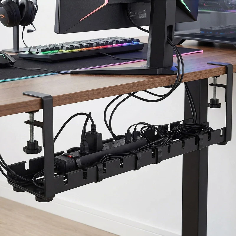 Kabelkanal Schreibtisch Ohne Bohren, Einziehbar 40–79CM Kabelmanagement Schreibtisch mit 15 Kabelbindern & 5 Haken, Verstellbare Kabelwanne Untertisch Klemmbar für Büro Homeoffice