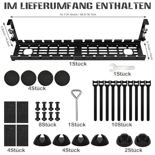 Kabelkanal Schreibtisch Ohne Bohren, Einziehbar 40–79CM Kabelmanagement Schreibtisch mit 15 Kabelbindern & 5 Haken, Verstellbare Kabelwanne Untertisch Klemmbar für Büro Homeoffice