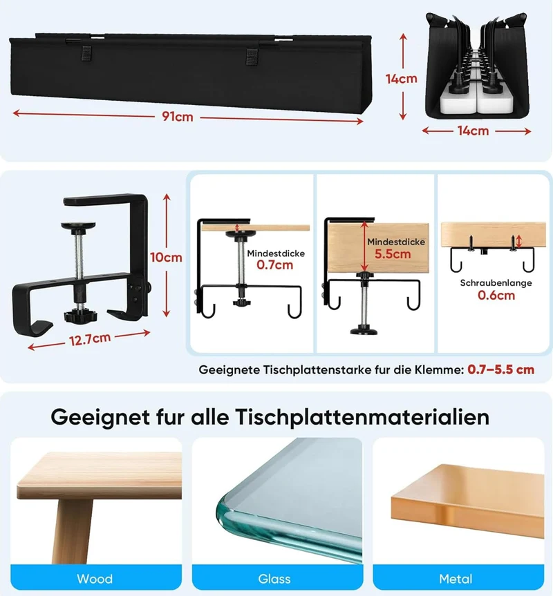 Unter dem flexiblen Kabelkanal Schreibtisch, 90 cm, ohne Bohren – Kabelmanagement für Schreibtisch, stabiles wasserfestes Kabelwanne mit 16 Kabelbindern, um Kabelsalat effektiv zu