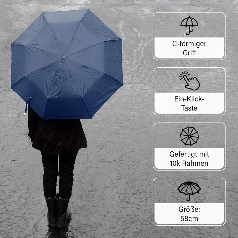 Sturmfester Regenschirm, C-Griff, Automatik, UV-Schutz UPF 30 (blockt 96,7 % UV-Strahlen), antikorrosiv, leicht (440 g), mit Aufbewahrungstasche, 23 Zoll, Marineblau