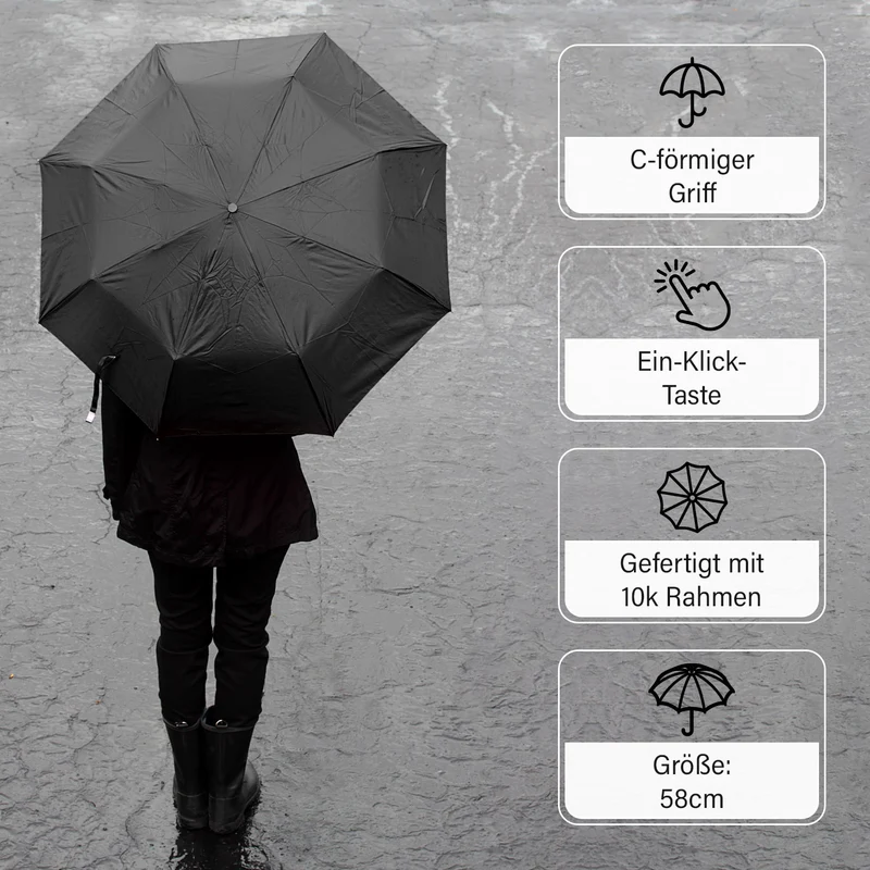 Sturmfester Regenschirm, C-Griff, Automatik, UV-Schutz UPF 30 (blockt 96,7 % UV-Strahlen), antikorrosiv, leicht (440 g), mit Aufbewahrungstasche, 23 Zoll, Marineblau