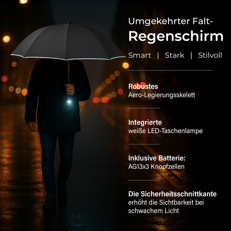 Sturmfester Regenschirm mit Aero-Aluminium-Gestell, vollautomatisch, reflektierend, Rückfaltung, ca. 105?cm, Schwarz