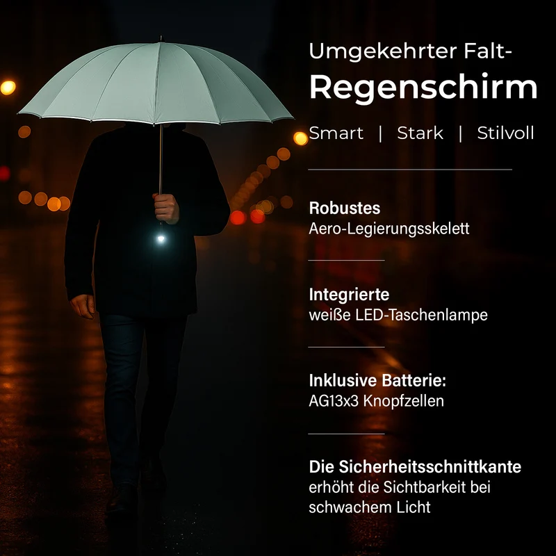 Sturmfester Regenschirm mit Aero-Aluminium-Gestell, vollautomatisch, reflektierend, Rückfaltung, ca. 105?cm, Schwarz