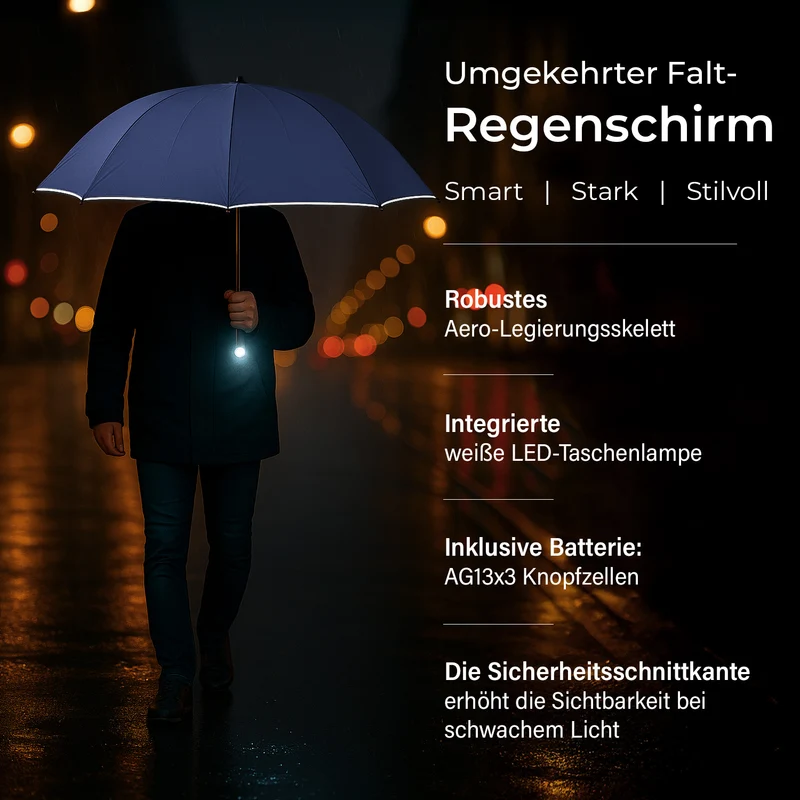 Sturmfester Regenschirm mit Aero-Aluminium-Gestell, vollautomatisch, reflektierend, Rückfaltung, ca. 105?cm, Schwarz