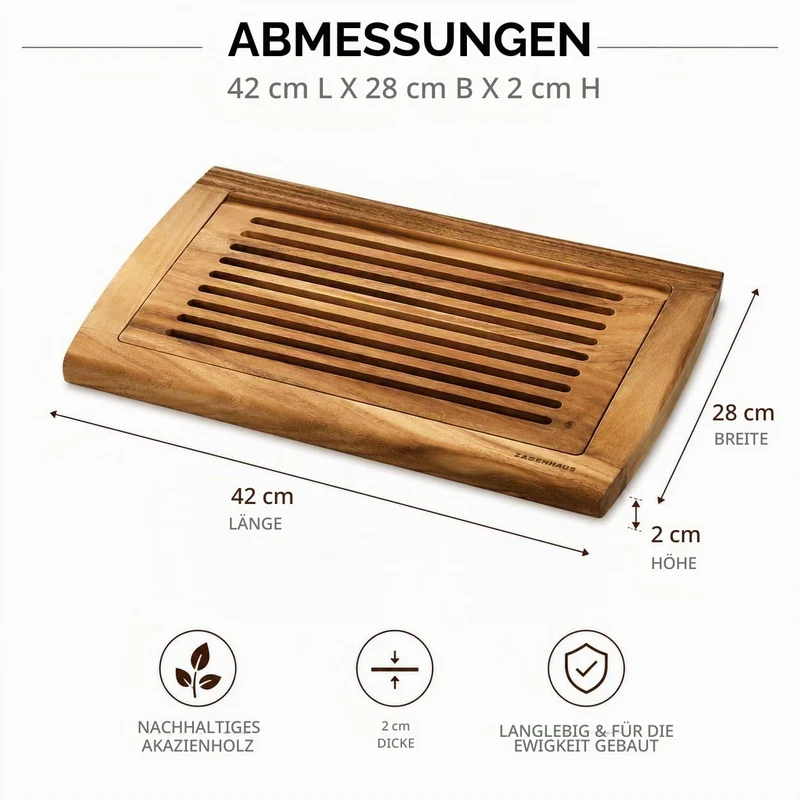 Zassenhaus Brotschneidebrett mit Einsatz aus Akazienholz in der Farbe Braun, Maße: 42cm x 28cm x 2cm, 055405