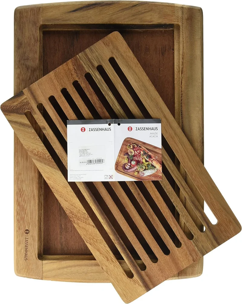 Zassenhaus Brotschneidebrett mit Einsatz aus Akazienholz in der Farbe Braun, Maße: 42cm x 28cm x 2cm, 055405