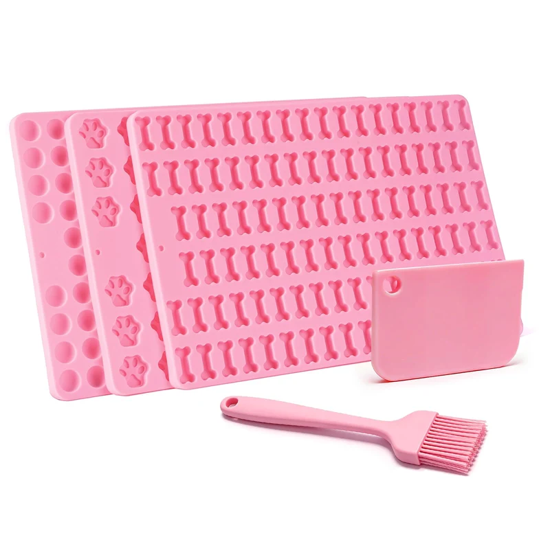 3er Set Silikon Backmatten für Hundekekse – BPA-frei, rutschfest, mit Knochen-, Pfoten- & runden Formen, inkl. Teigschaber & Backpinsel für DIY Hundeleckerlis