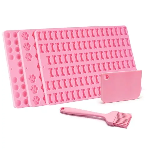 3er Set Silikon Backmatten für Hundekekse – BPA-frei, rutschfest, mit Knochen-, Pfoten- & runden Formen, inkl. Teigschaber & Backpinsel für DIY Hundeleckerlis