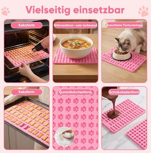 3er Set Silikon Backmatten für Hundekekse – BPA-frei, rutschfest, mit Knochen-, Pfoten- & runden Formen, inkl. Teigschaber & Backpinsel für DIY Hundeleckerlis