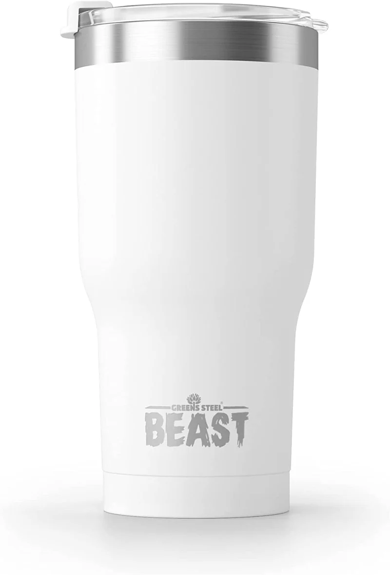 Greens Steel Beast Tumbler – 550 ml (20 oz), Arktisches Weiß | Wiederverwendbarer Edelstahl, vakuumisolierter Becher | mit 2 Strohhalmen & Reinigungsbürste | Doppelwandiger Reise-Thermobecher