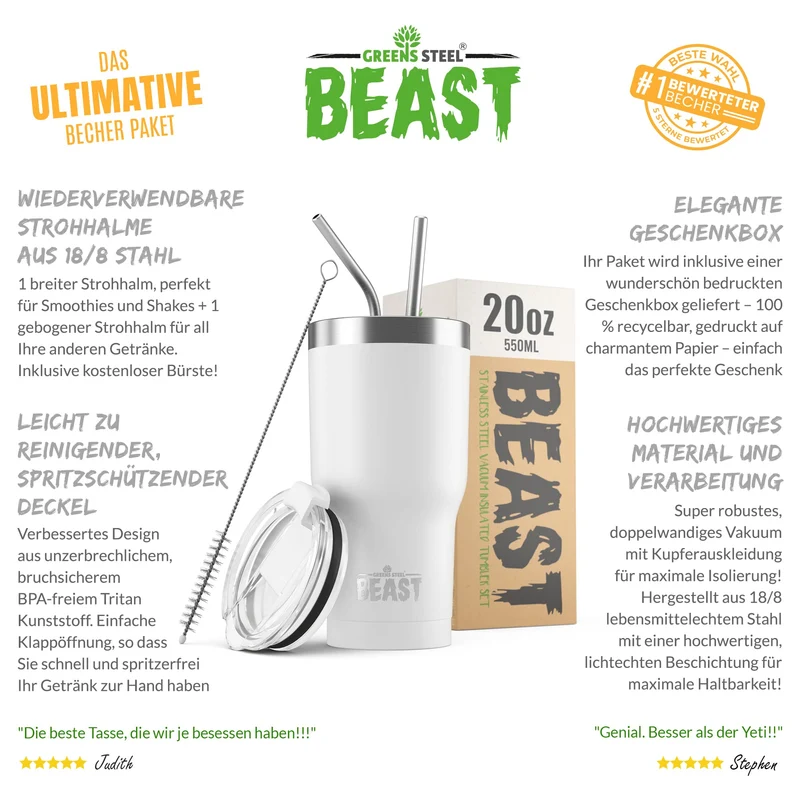 Greens Steel Beast Tumbler – 550 ml (20 oz), Arktisches Weiß | Wiederverwendbarer Edelstahl, vakuumisolierter Becher | mit 2 Strohhalmen & Reinigungsbürste | Doppelwandiger Reise-Thermobecher