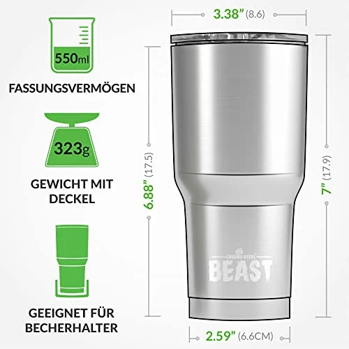 Greens Steel Beast Tumbler – 550 ml (20 oz), Arktisches Weiß | Wiederverwendbarer Edelstahl, vakuumisolierter Becher | mit 2 Strohhalmen & Reinigungsbürste | Doppelwandiger Reise-Thermobecher