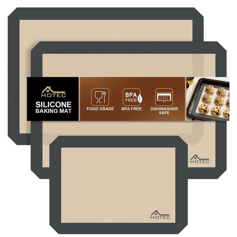 HOTEC Silikon-Backmatten 3er-Pack – Wiederverwendbare antihaftbeschichtete Silikon-Backbleche für den Ofen – Keks- & Macaron-Matten – 2 halbe Blätter + 1 Viertelblatt – BPA-frei, spülmaschinenfest