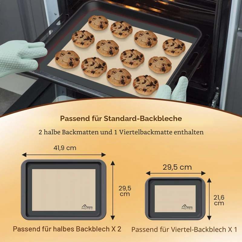 HOTEC Silikon-Backmatten 3er-Pack – Wiederverwendbare antihaftbeschichtete Silikon-Backbleche für den Ofen – Keks- & Macaron-Matten – 2 halbe Blätter + 1 Viertelblatt – BPA-frei, spülmaschinenfest