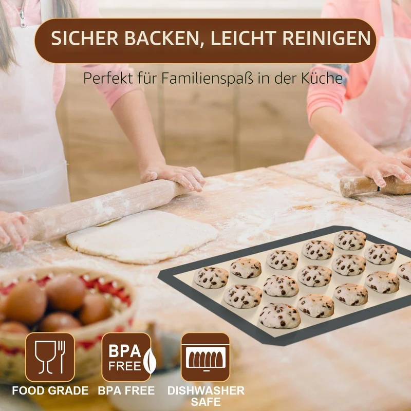 HOTEC Silikon-Backmatten 3er-Pack – Wiederverwendbare antihaftbeschichtete Silikon-Backbleche für den Ofen – Keks- & Macaron-Matten – 2 halbe Blätter + 1 Viertelblatt – BPA-frei, spülmaschinenfest
