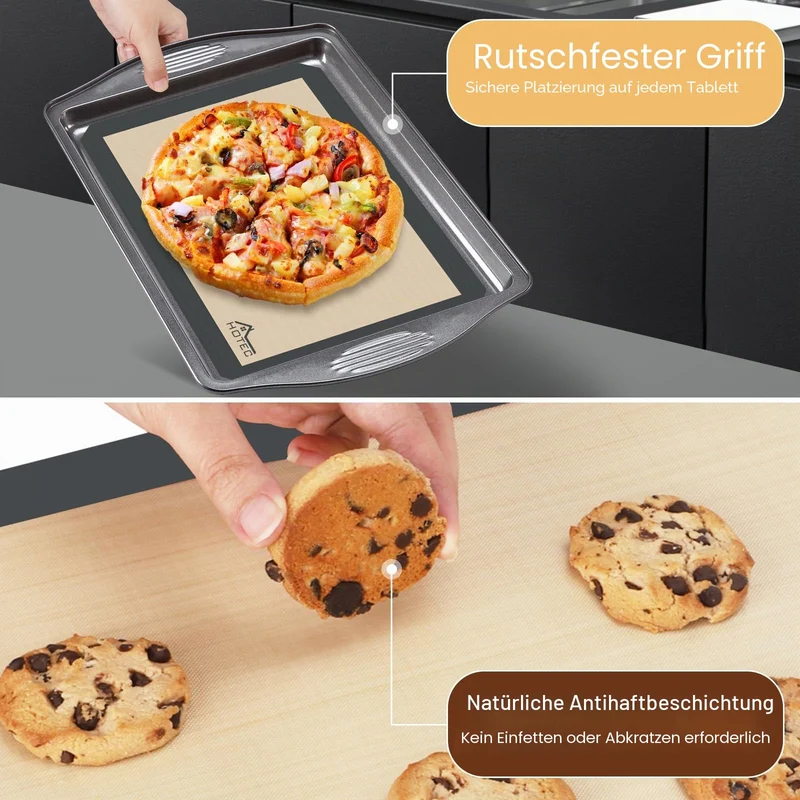HOTEC Silikon-Backmatten 3er-Pack – Wiederverwendbare antihaftbeschichtete Silikon-Backbleche für den Ofen – Keks- & Macaron-Matten – 2 halbe Blätter + 1 Viertelblatt – BPA-frei, spülmaschinenfest