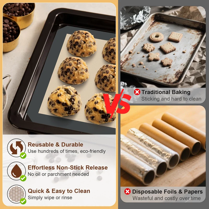 HOTEC Silikon-Backmatten 3er-Pack – Wiederverwendbare antihaftbeschichtete Silikon-Backbleche für den Ofen – Keks- & Macaron-Matten – 2 halbe Blätter + 1 Viertelblatt – BPA-frei, spülmaschinenfest