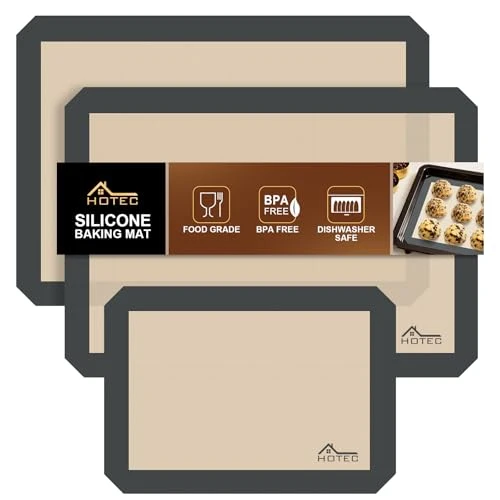 HOTEC Silikon-Backmatten 3er-Pack – Wiederverwendbare antihaftbeschichtete Silikon-Backbleche für den Ofen – Keks- & Macaron-Matten – 2 halbe Blätter + 1 Viertelblatt – BPA-frei, spülmaschinenfest