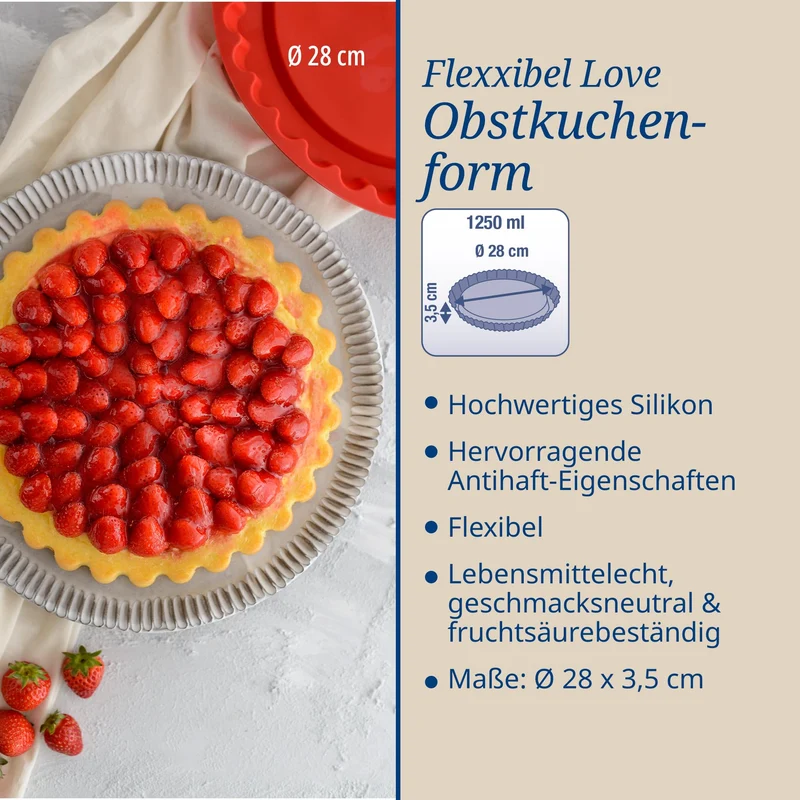 Dr. Oetker Silikon-Obstkuchenform Flexxibel Love Ø28 cm – Backform aus Platinsilikon, vielseitig einsetzbar, ideal für kleine Kuchen, Eis & Desserts