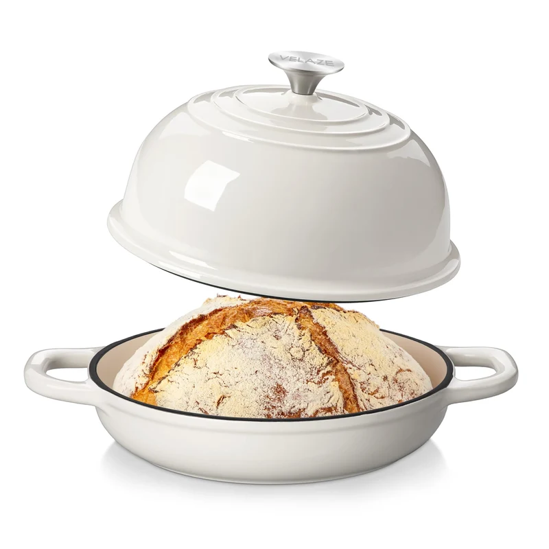 Velaze Gusseisen Topf Brot Backen, 4,8L Emaille Schmortopf mit Deckel und Griffen, 26 cm Brotbacktopf, Bräter Gusseisen, Dutch Oven für Küche Backen Bräter & Schmortöpfe (Weiß)