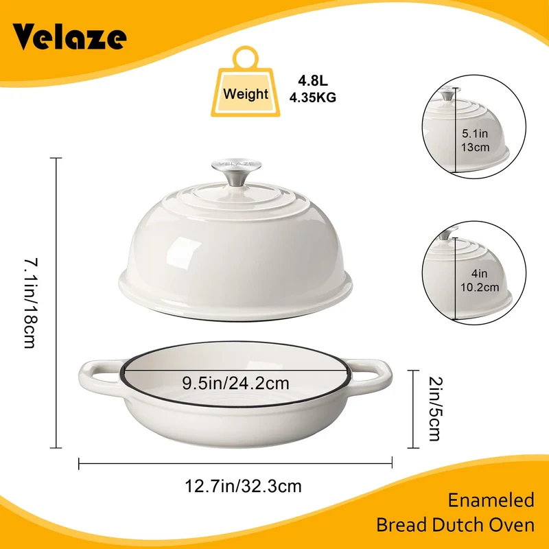 Velaze Gusseisen Topf Brot Backen, 4,8L Emaille Schmortopf mit Deckel und Griffen, 26 cm Brotbacktopf, Bräter Gusseisen, Dutch Oven für Küche Backen Bräter & Schmortöpfe (Weiß)